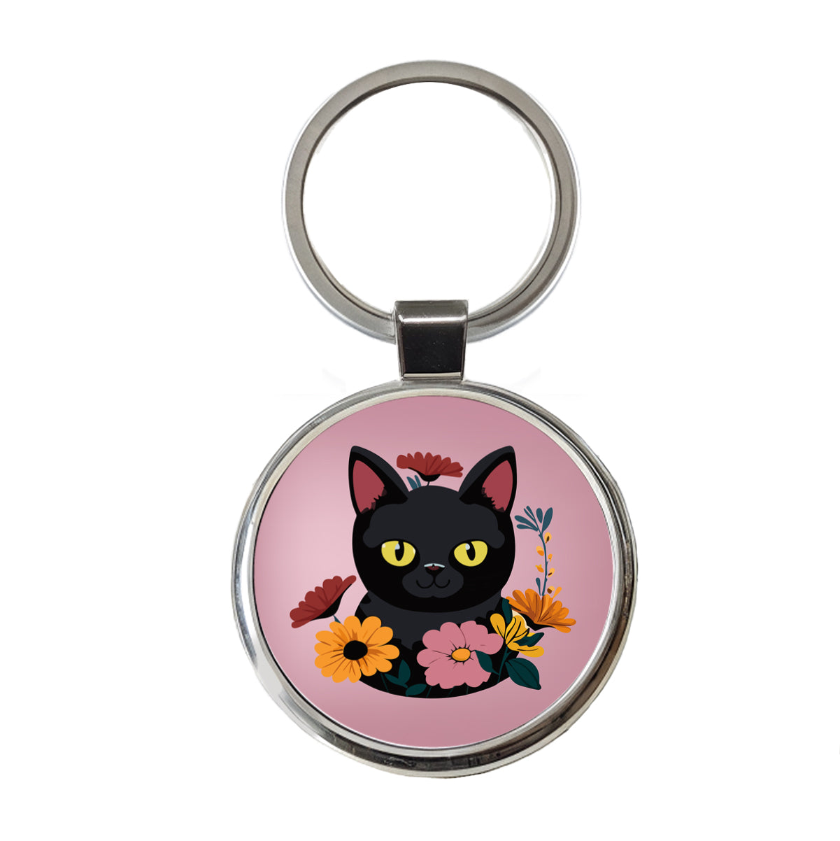 Black Cat in Flowers Round Metal Keychain