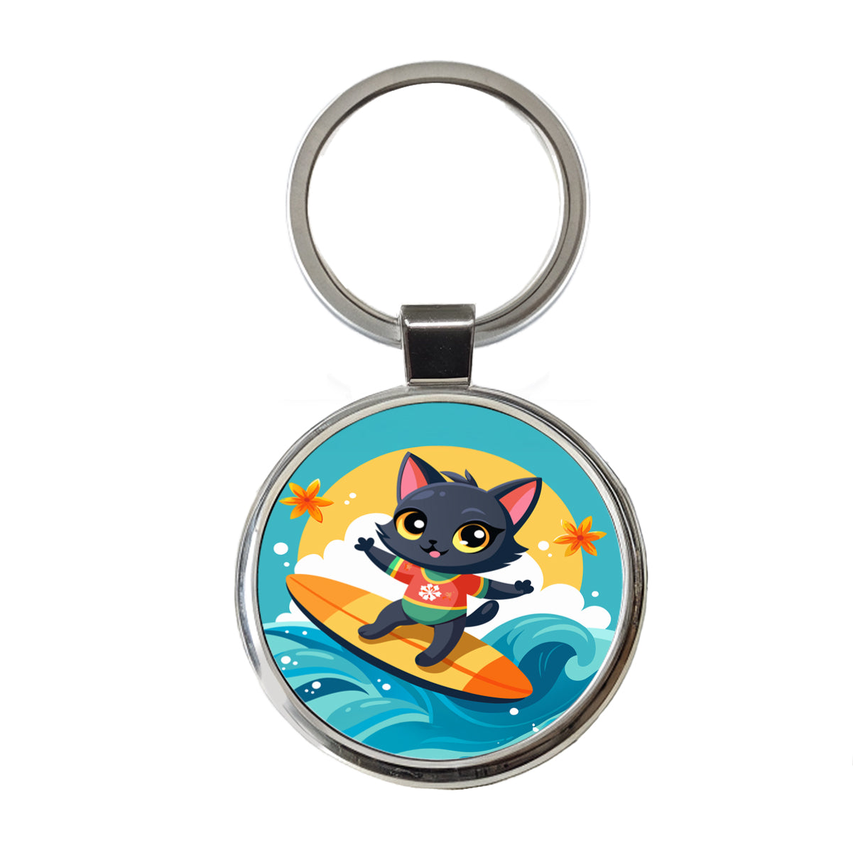 Black Cat Kitty Girl Surfing Round Metal Keychain