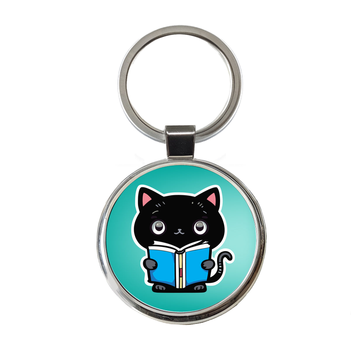 Black Cat Reading Book Round Metal Keychain
