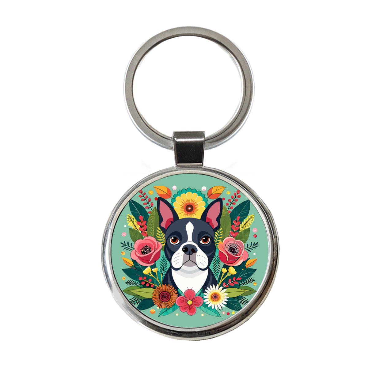 Boston Terrier Dog Floral Flowers Round Metal Keychain