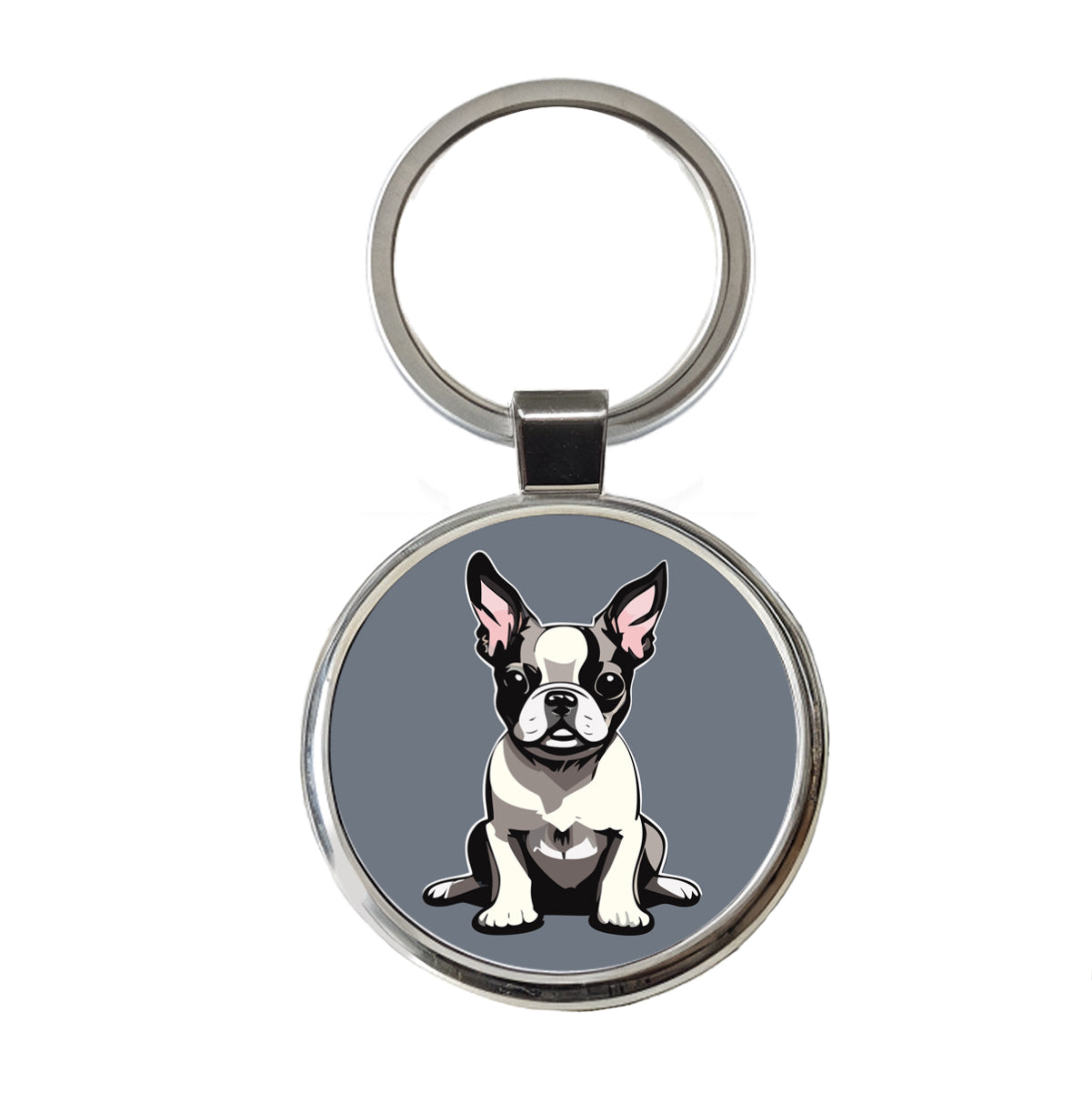 Boston Terrier Dog Sitting Round Metal Keychain