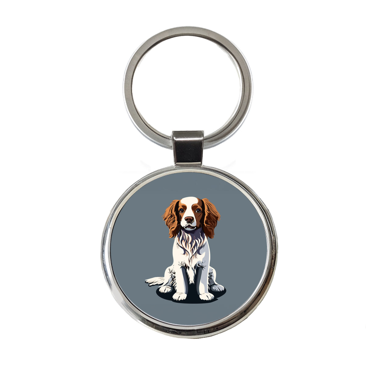 Brittany Spaniel Dog Sitting Round Metal Keychain