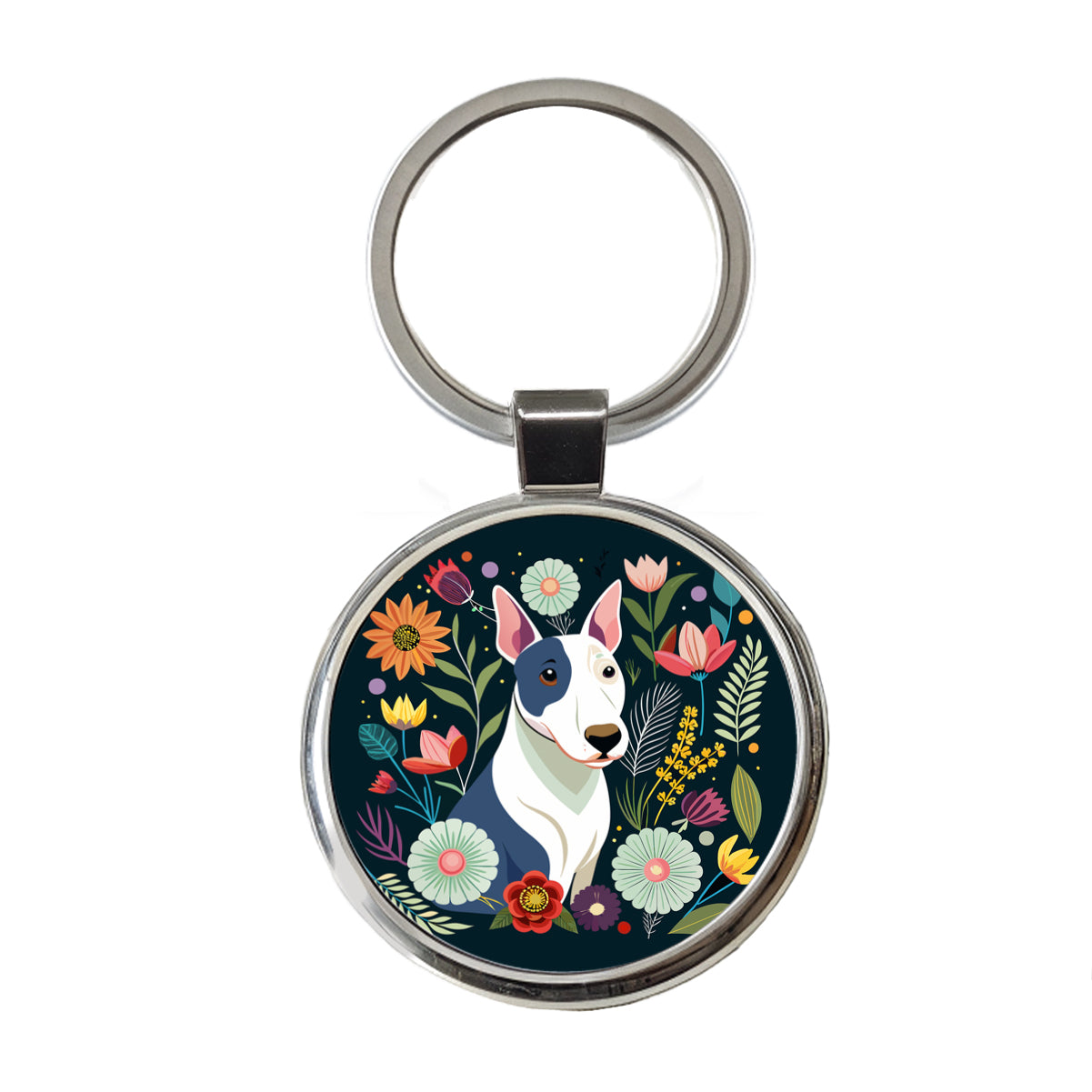 Bull Terrier Dog Floral Flowers Round Metal Keychain