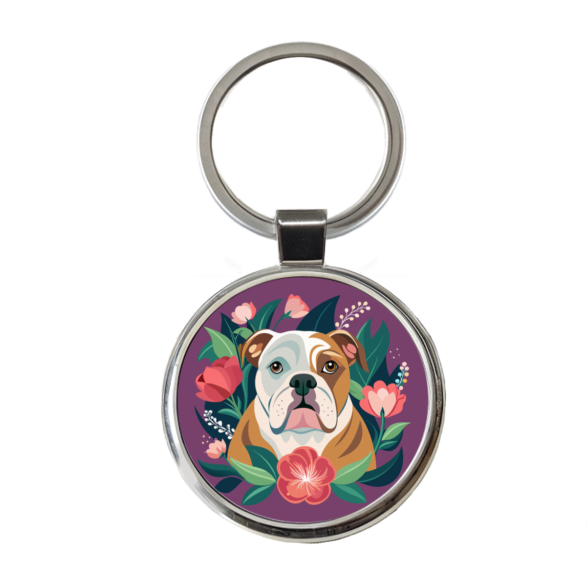 Bulldog Dog Floral Flowers Purple Background Round Metal Keychain