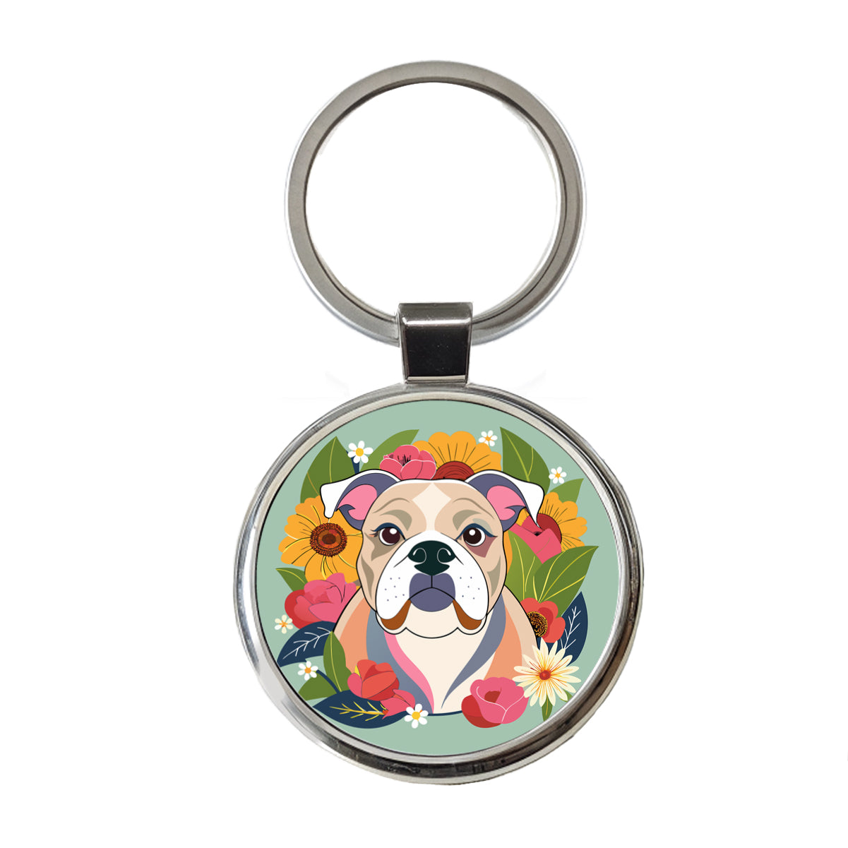 Bulldog Dog Floral Flowers Round Metal Keychain