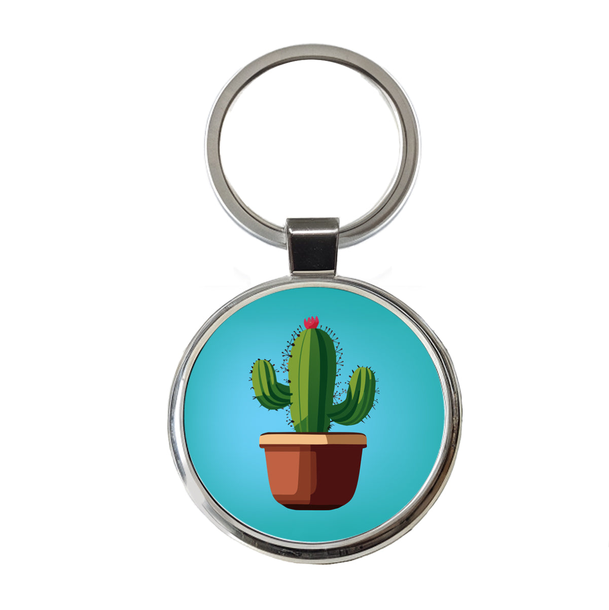 Cactus in Pot Round Metal Keychain