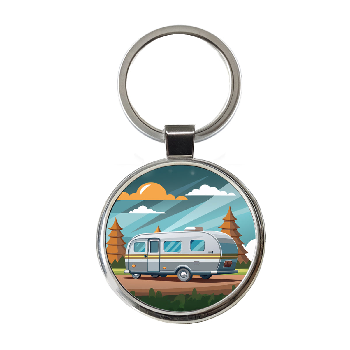 Camper RV Trailer Traveling Road Trip Round Metal Keychain