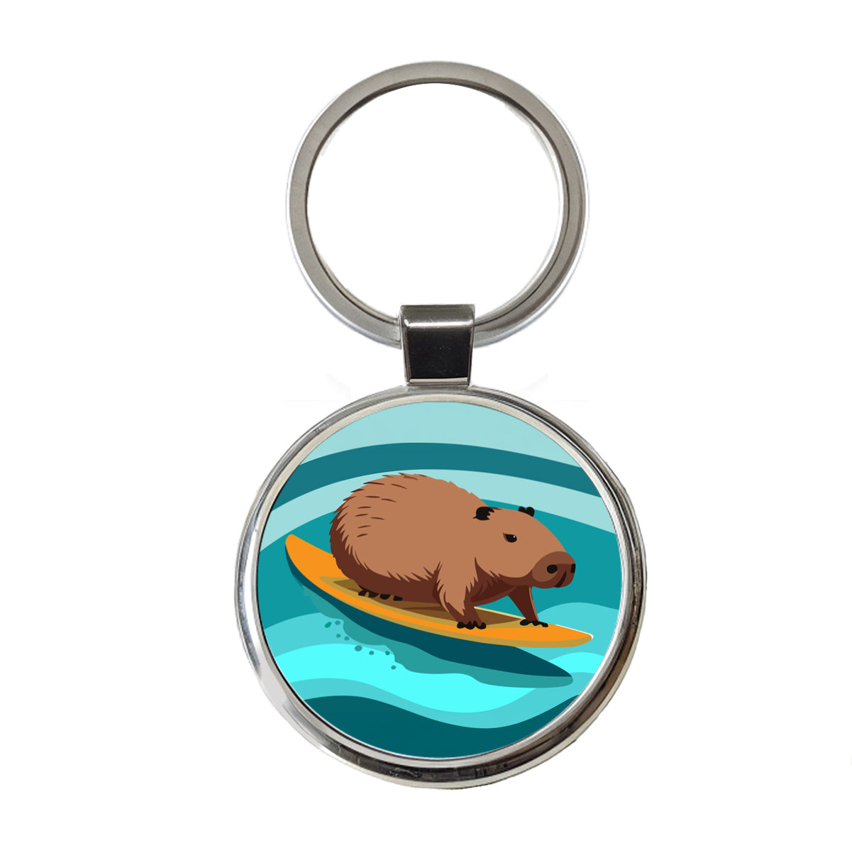Capybara Surfing Surfer Ocean Funny Round Metal Keychain