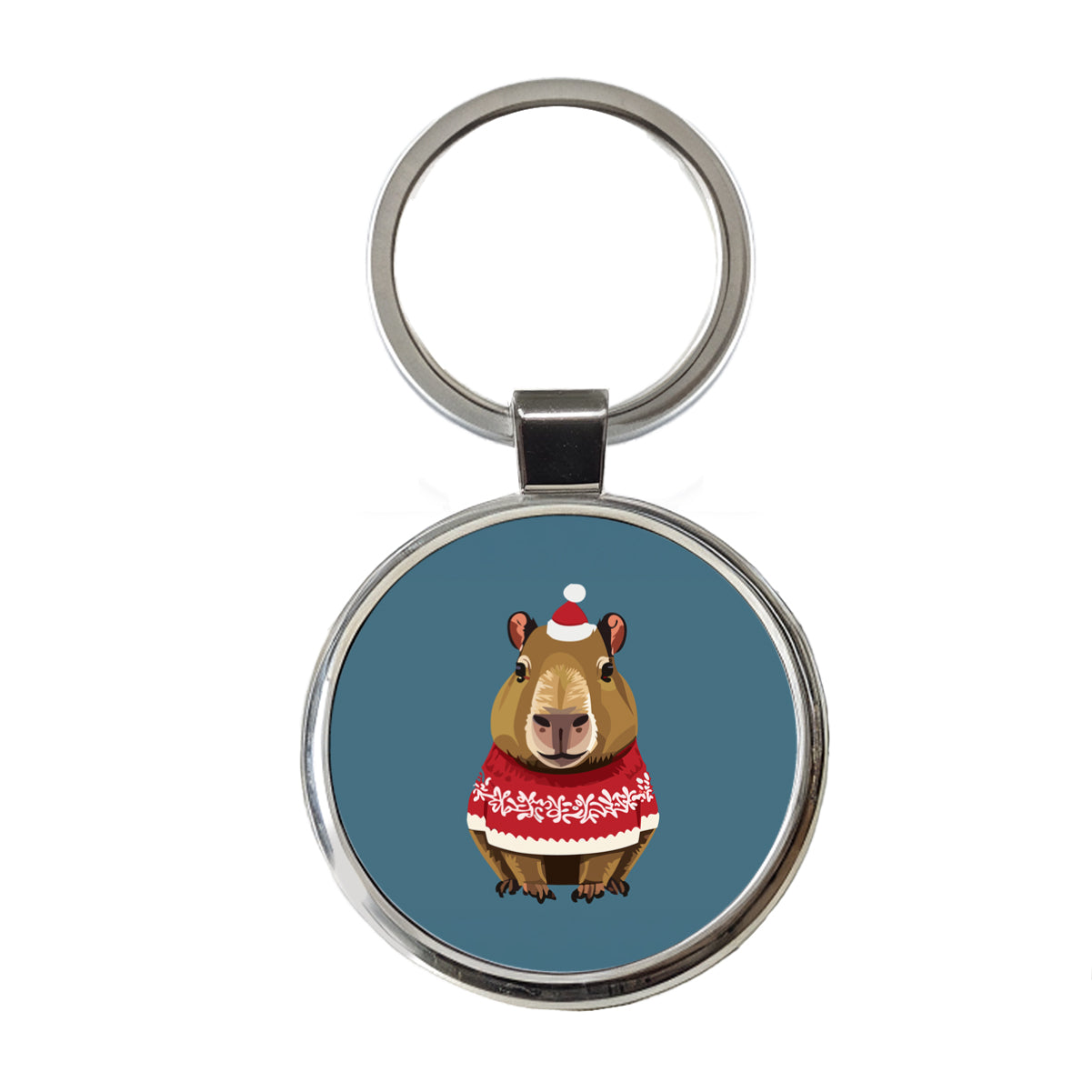 Capybara Wearing Christmas Sweater Funny Round Metal Keychain