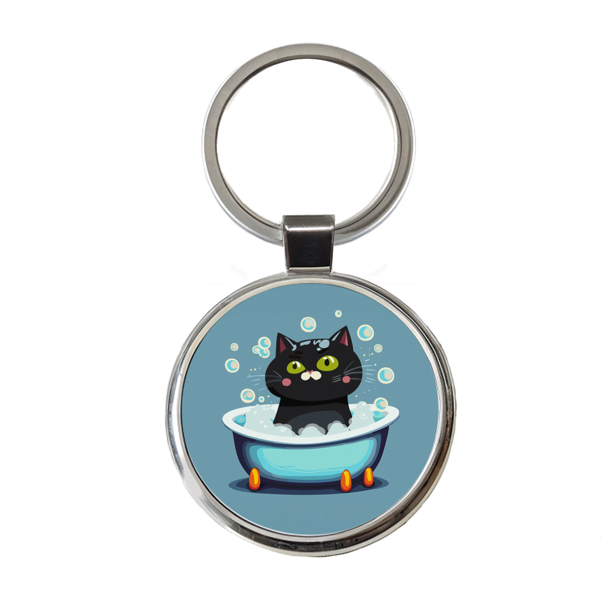 Cat Black Taking Bubble Bath Round Metal Keychain