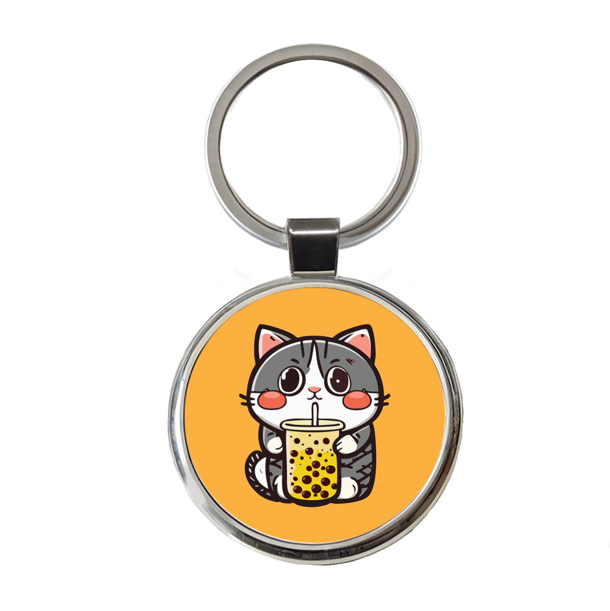 Cat Drinking Boba Bubble Tea Round Metal Keychain