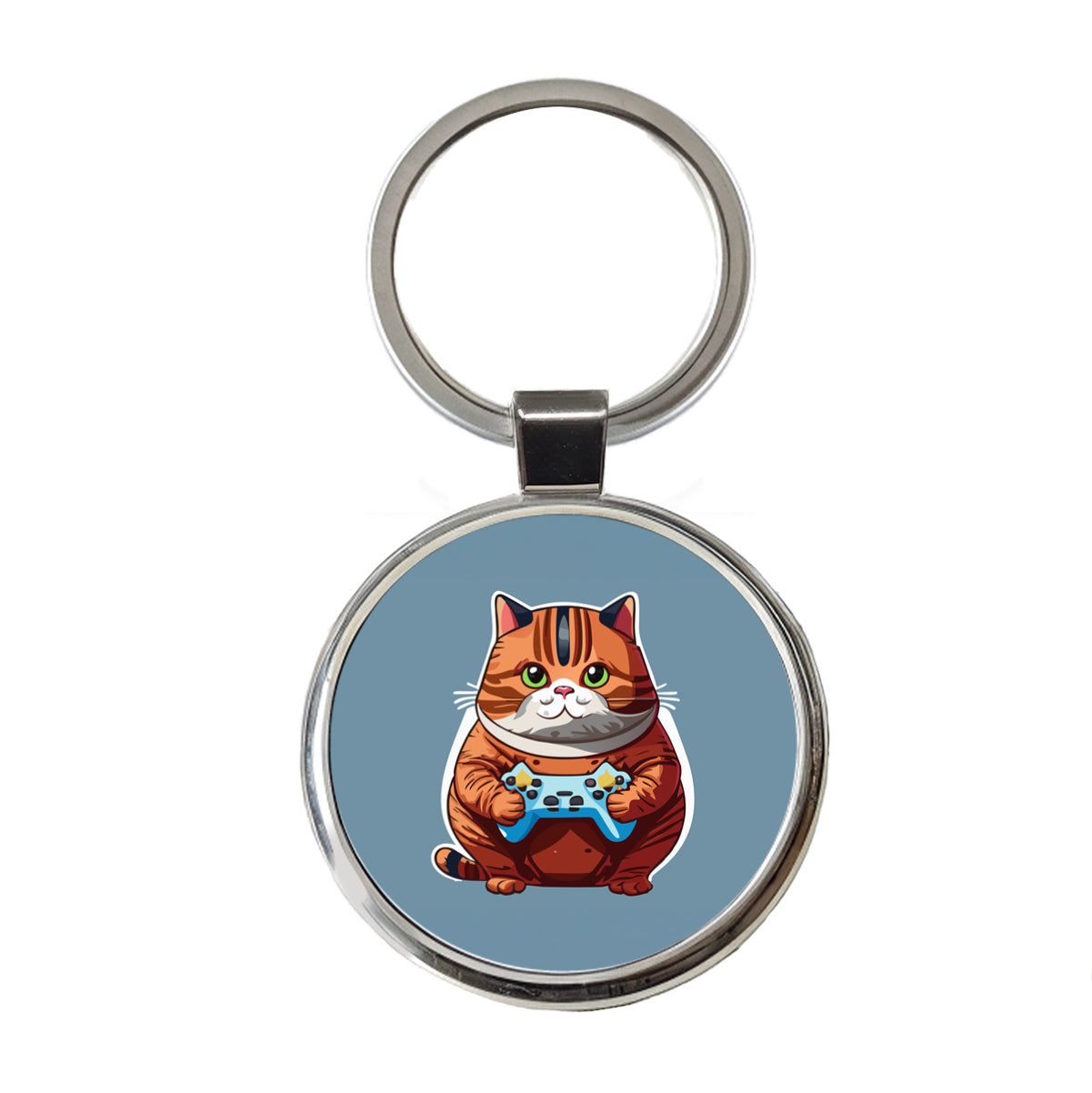 Cat Playing Game Gamer Gaming Chubby Round Metal Keychain