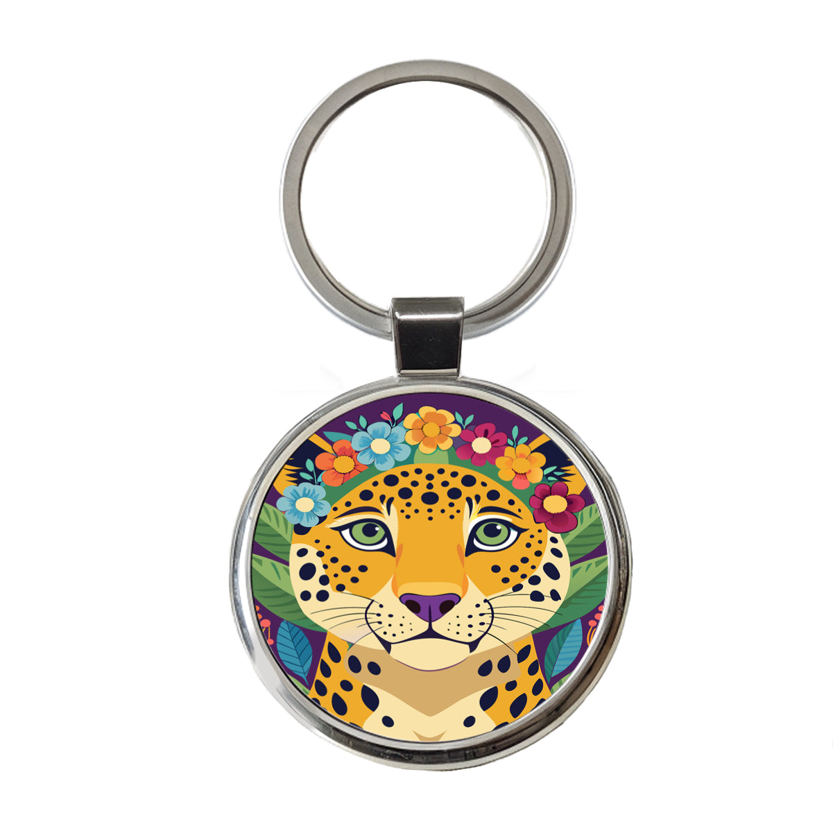 Cheetah Head Floral Flowers Round Metal Keychain