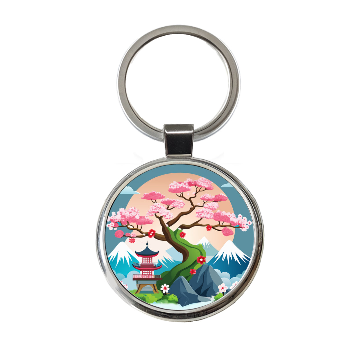 Cherry Blossom Tree Japanese Garden Round Metal Keychain
