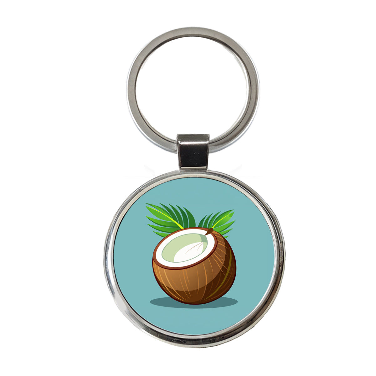 Coconut with Leaves Tropical Fruit Round Metal Keychain
