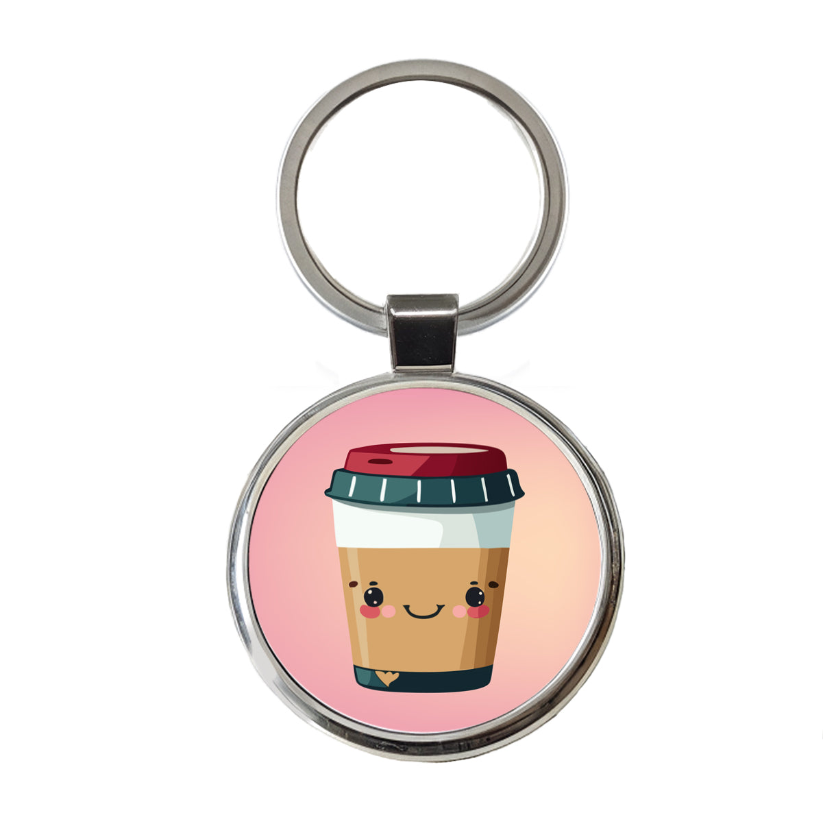 Coffee Travel Mug Smiling Round Metal Keychain