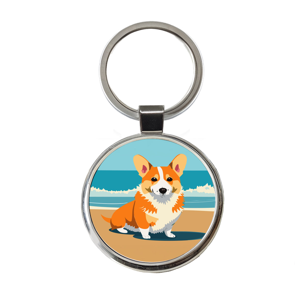 Corgi Dog on the Beach Ocean Round Metal Keychain