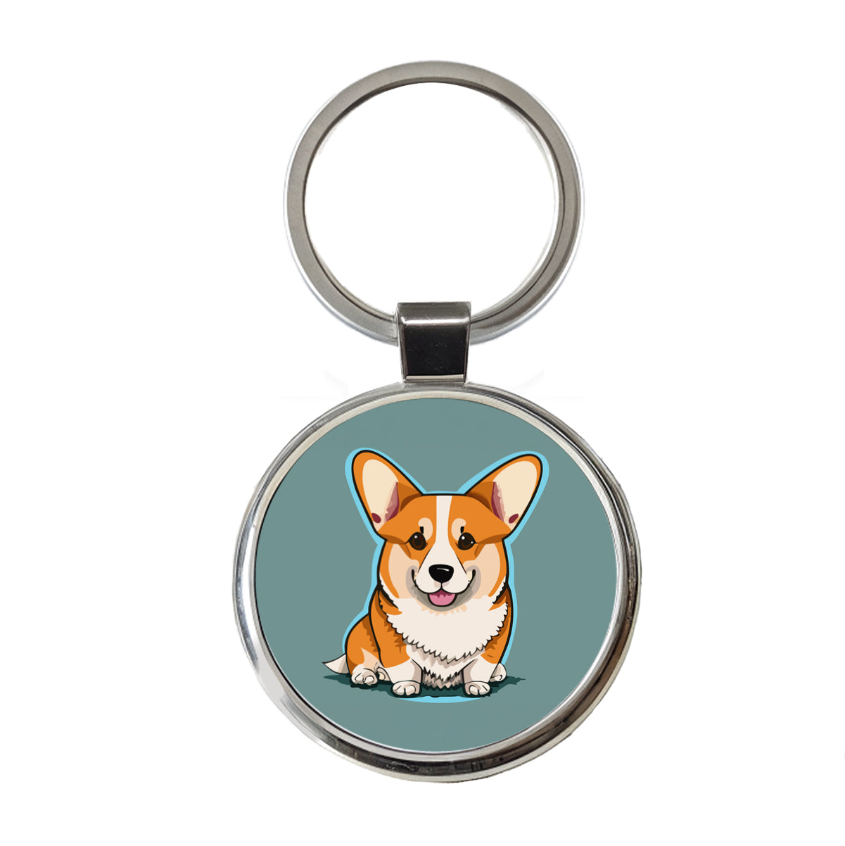 Corgi Dog Sitting Round Metal Keychain