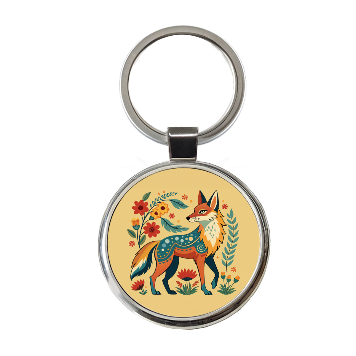Coyote Floral Flowers Round Metal Keychain