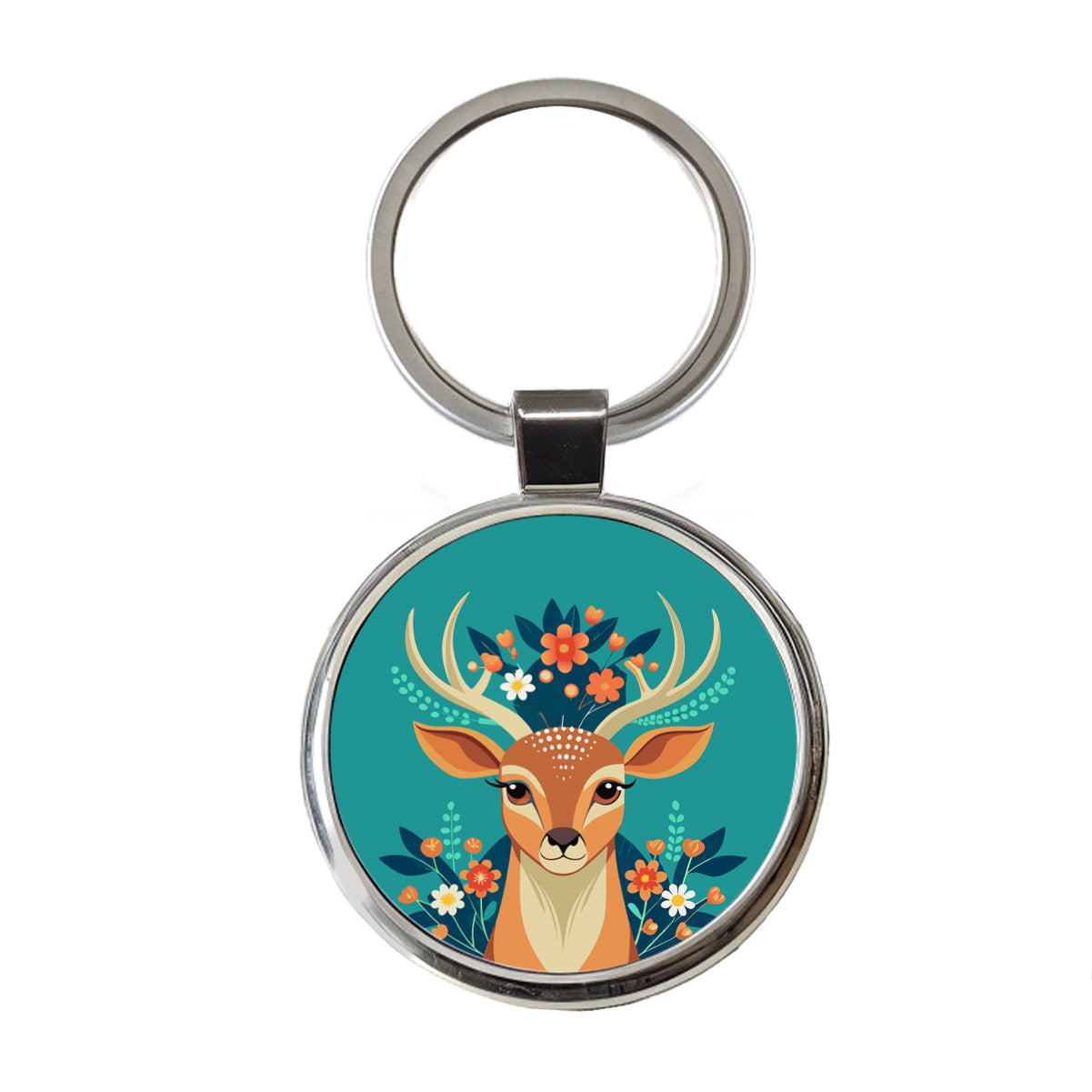 Deer Head Floral Flowers Round Metal Keychain