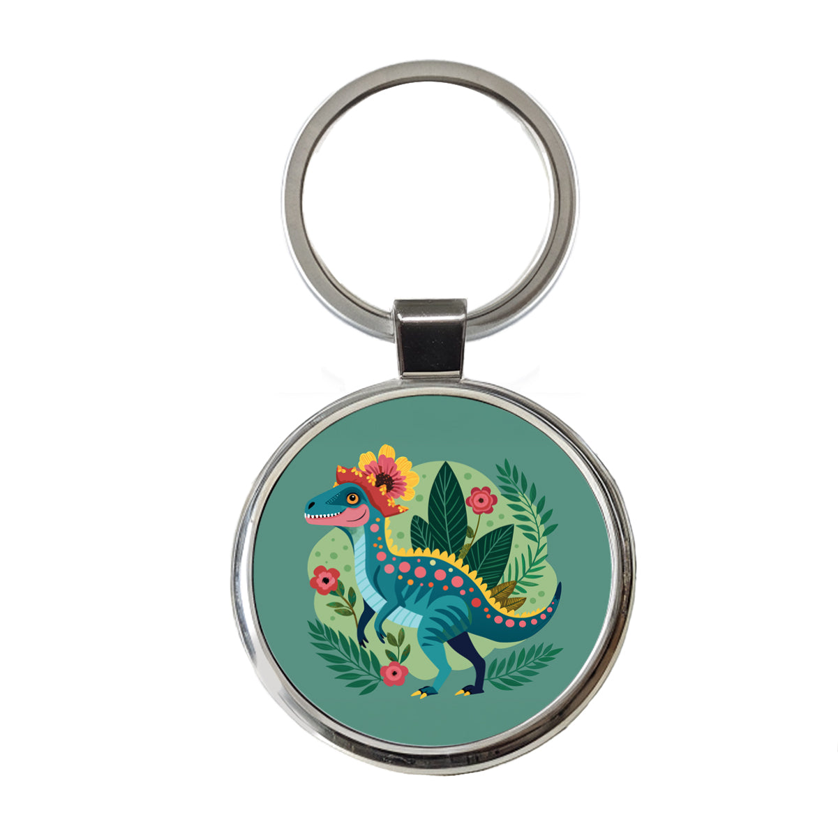 Dinosaur Floral Flowers Funny Round Metal Keychain