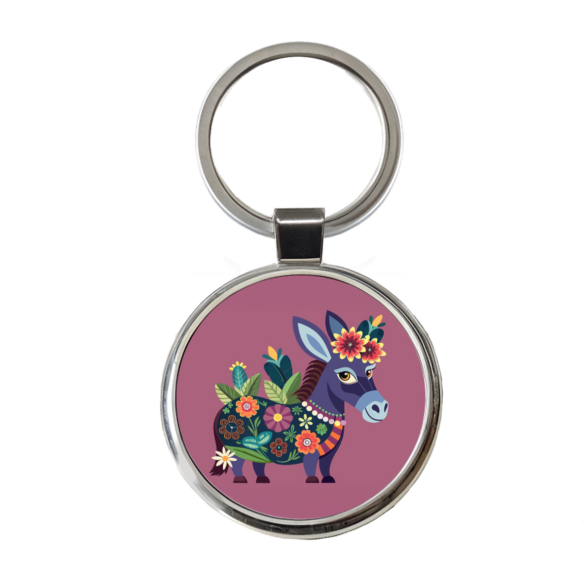 Donkey Floral Flowers Round Metal Keychain