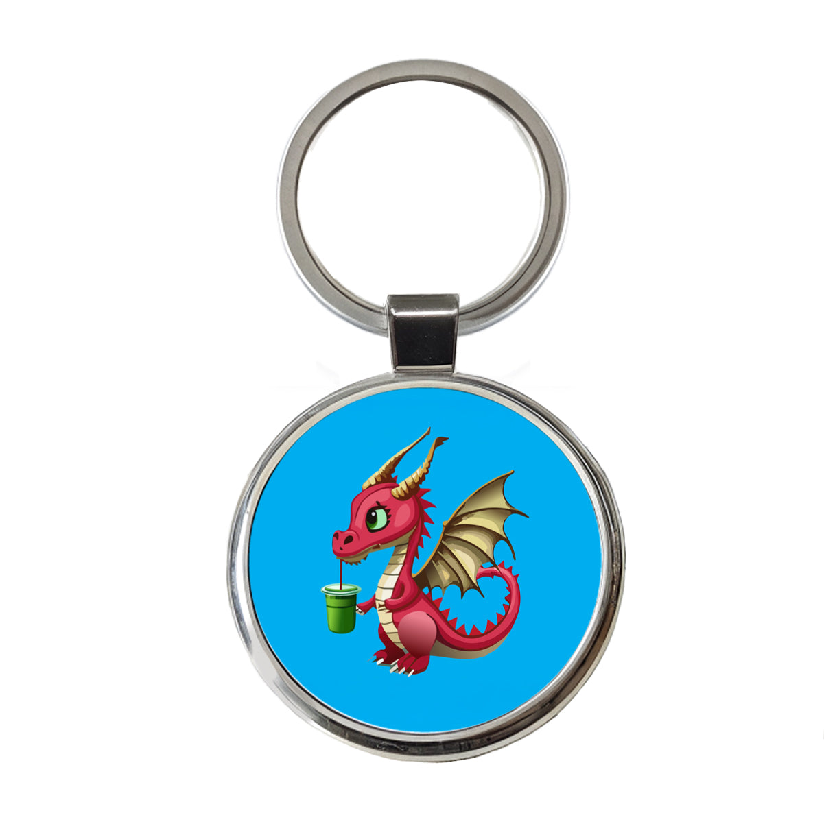 Dragon Drinking Boba Tea Funny Round Metal Keychain