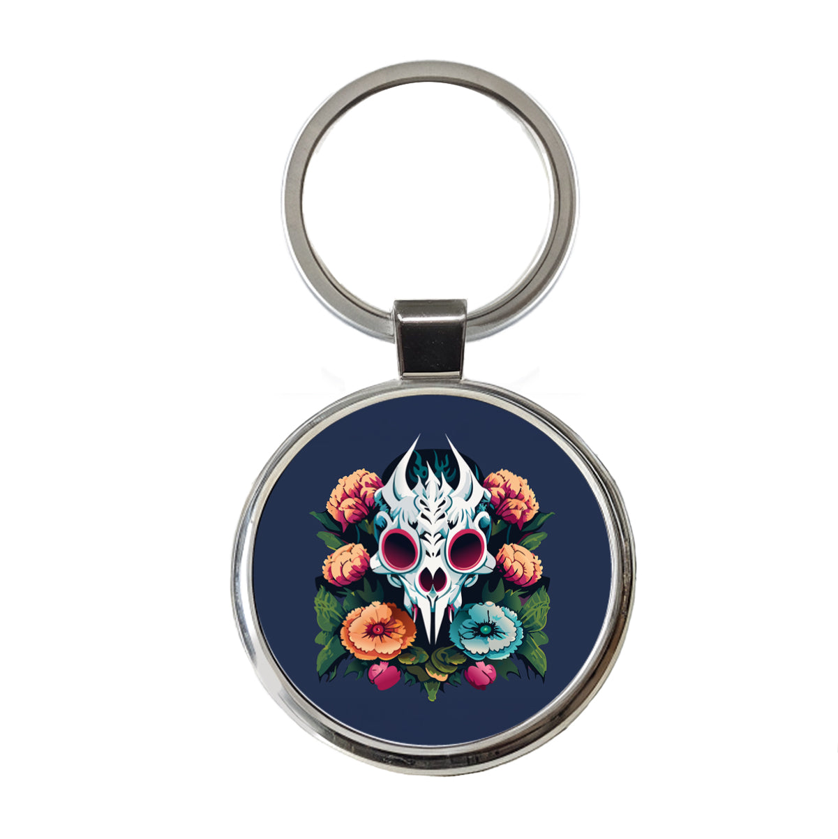 Dragon Skull and Flowers Round Metal Keychain