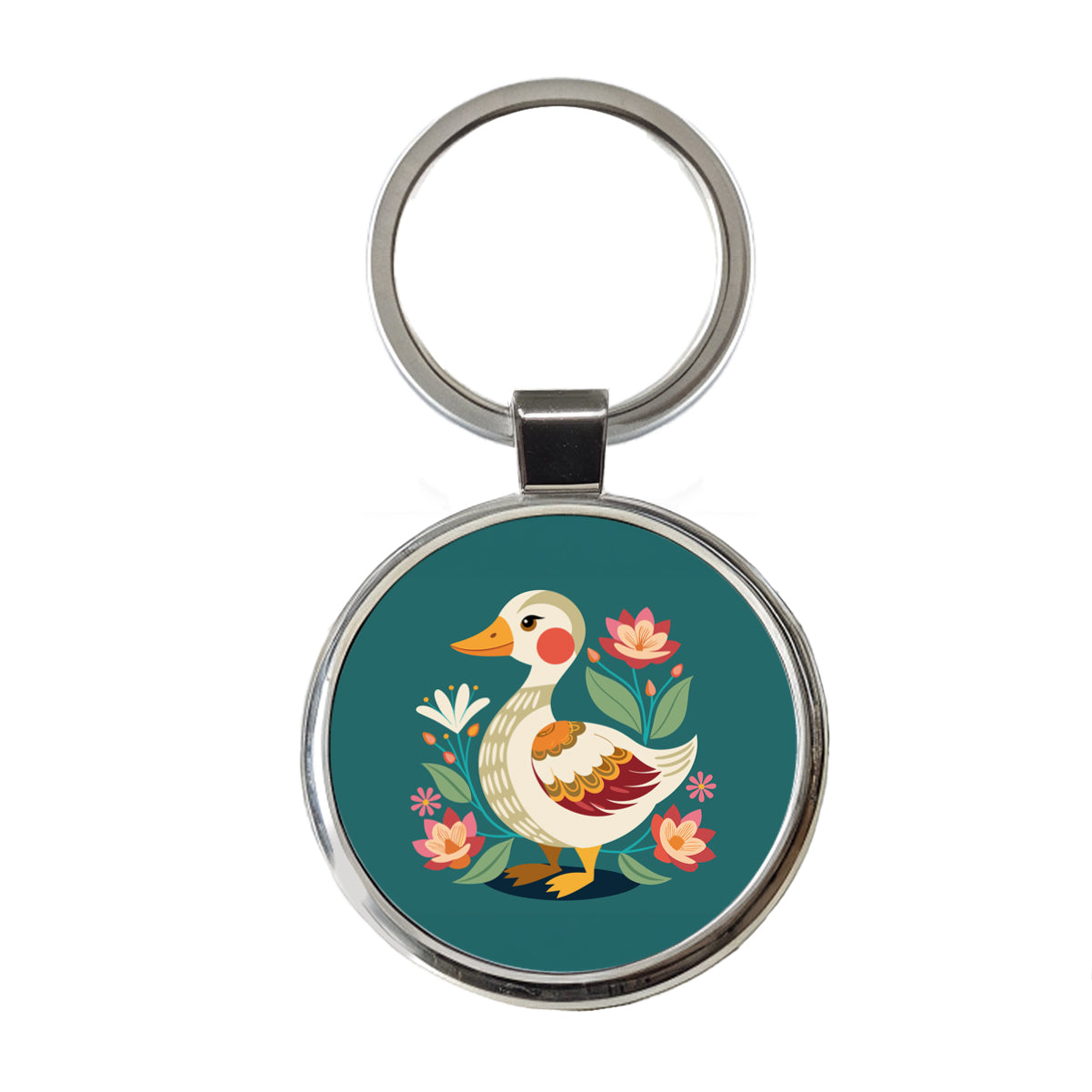 Duck Floral Flowers Round Metal Keychain