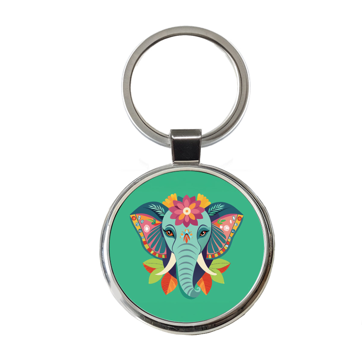 Elephant Head Floral Flowers Round Metal Keychain