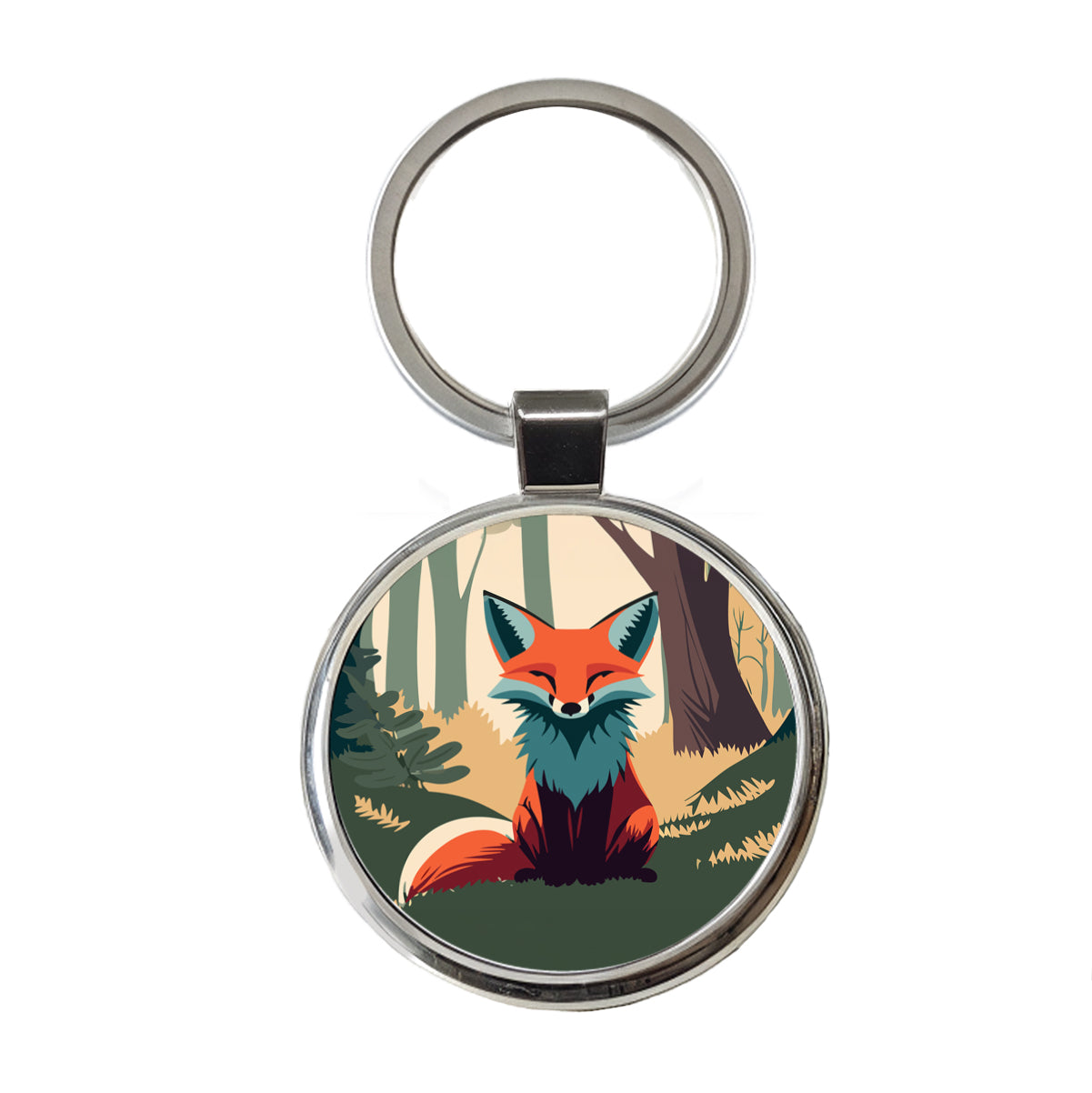 Fox in Forest Woodland Wilderness Round Metal Keychain