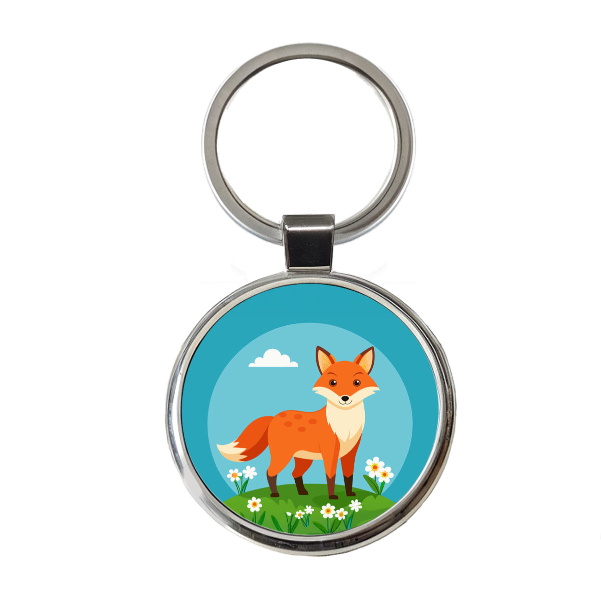 Fox in Meadow Round Metal Keychain