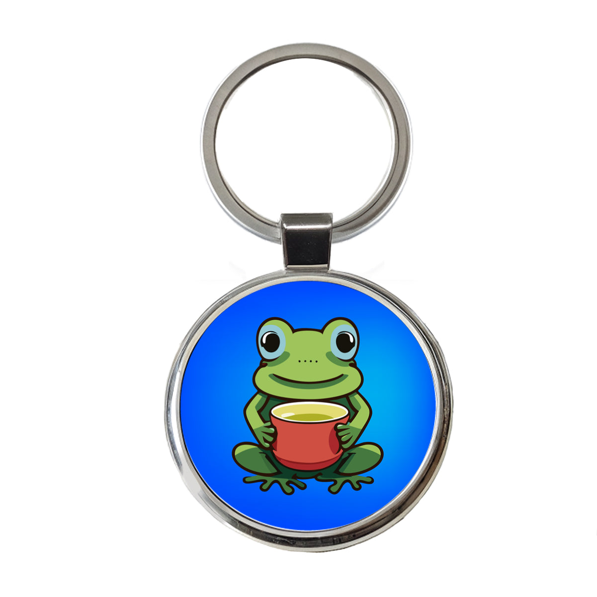 Frog Drinking Tea Funny Round Metal Keychain