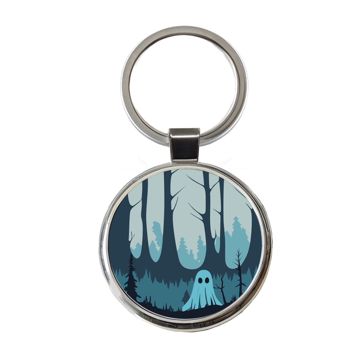 Ghost in Forest Woodland Cute Spooky Round Metal Keychain