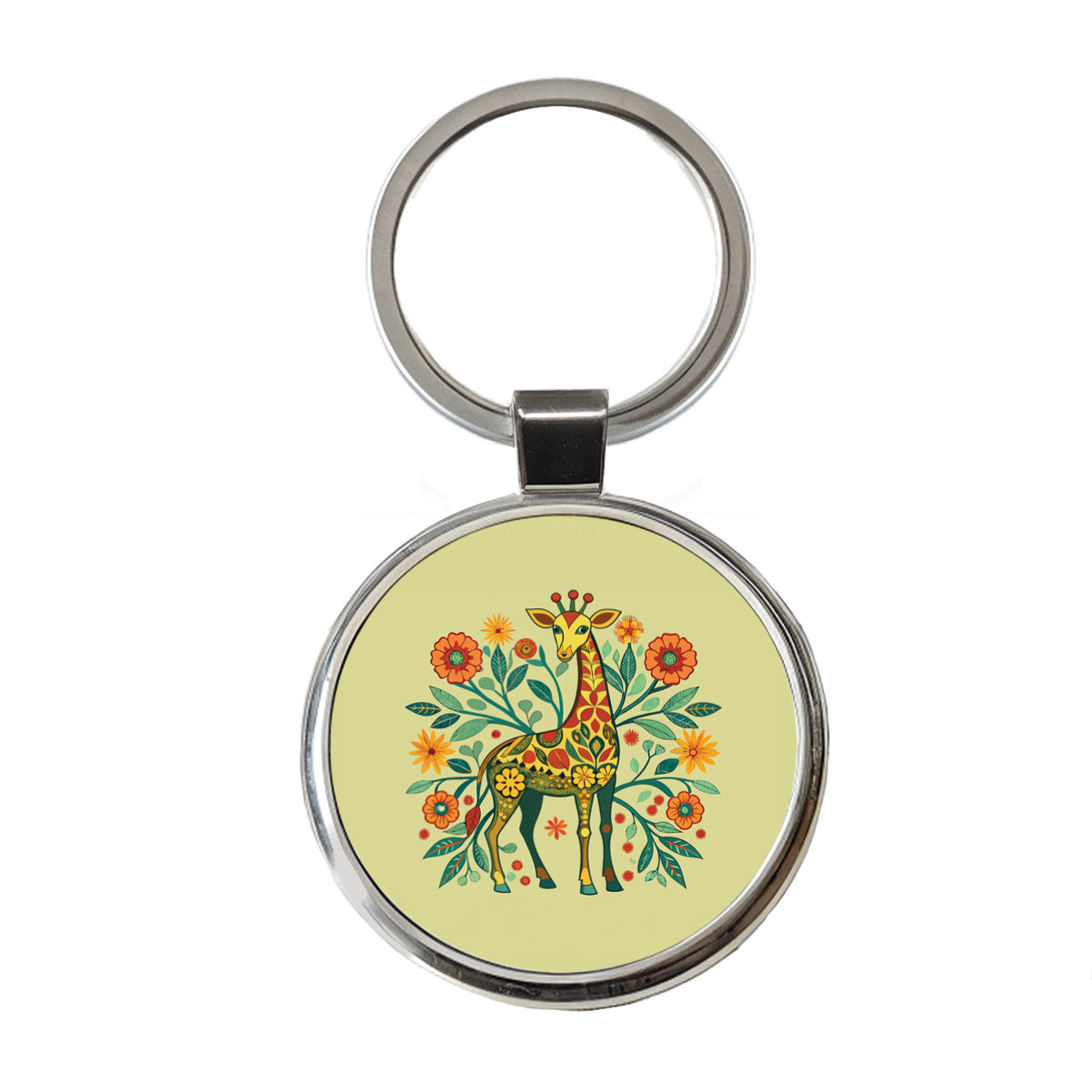 Giraffe Floral Art Nouveau Flowers Elegant Round Metal Keychain