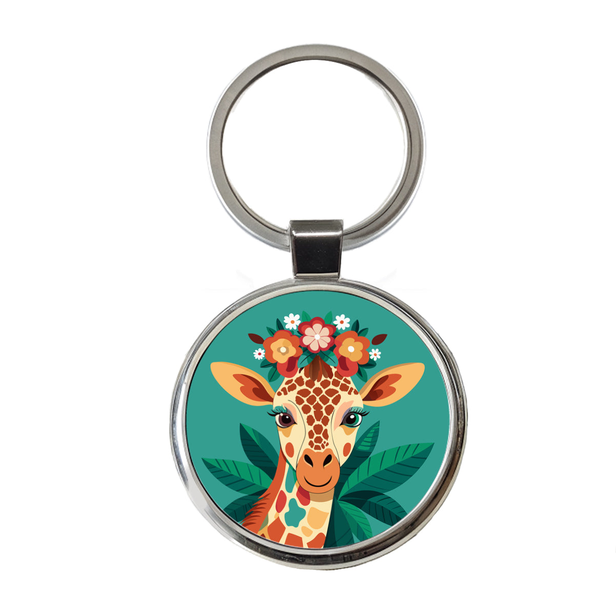 Giraffe Head Floral Flowers Round Metal Keychain