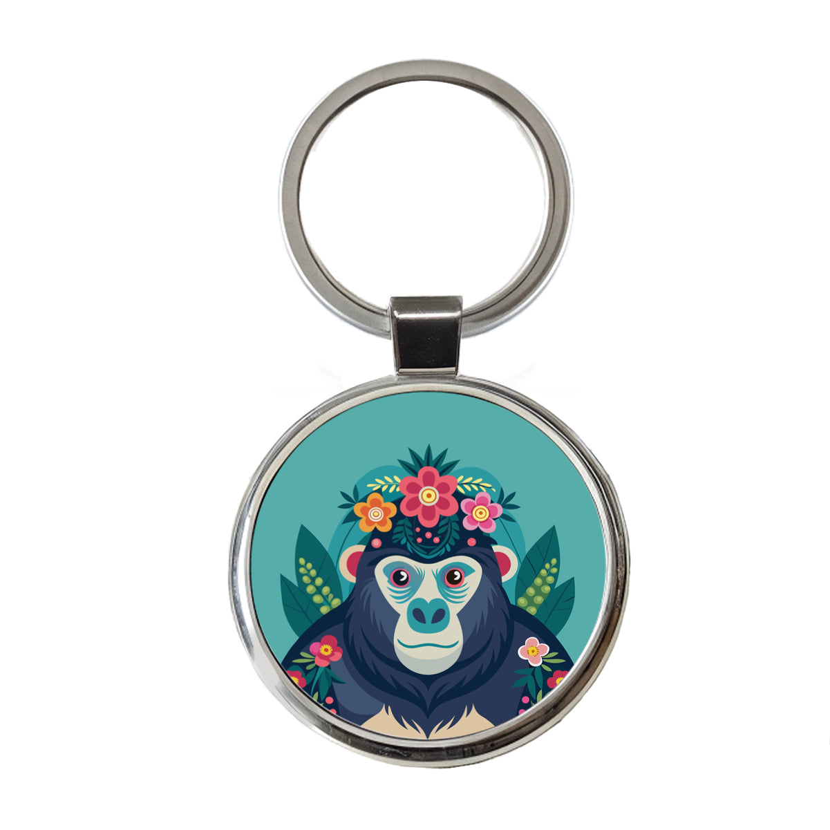 Gorilla Floral Flowers Round Metal Keychain