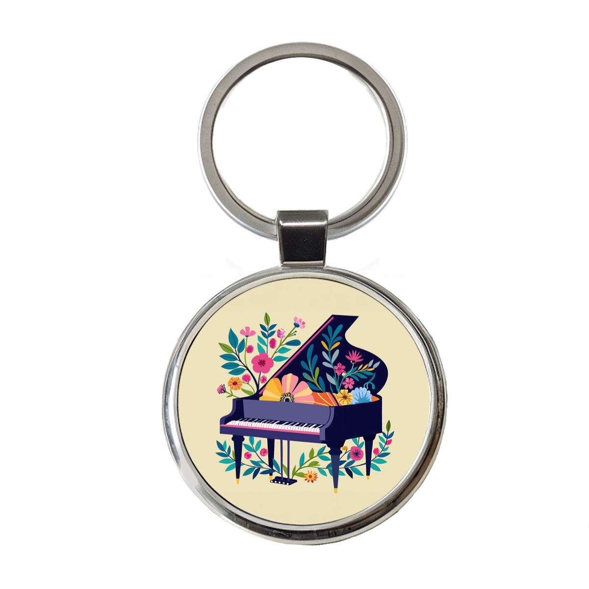 Grand Piano Music Floral Motif Round Metal Keychain