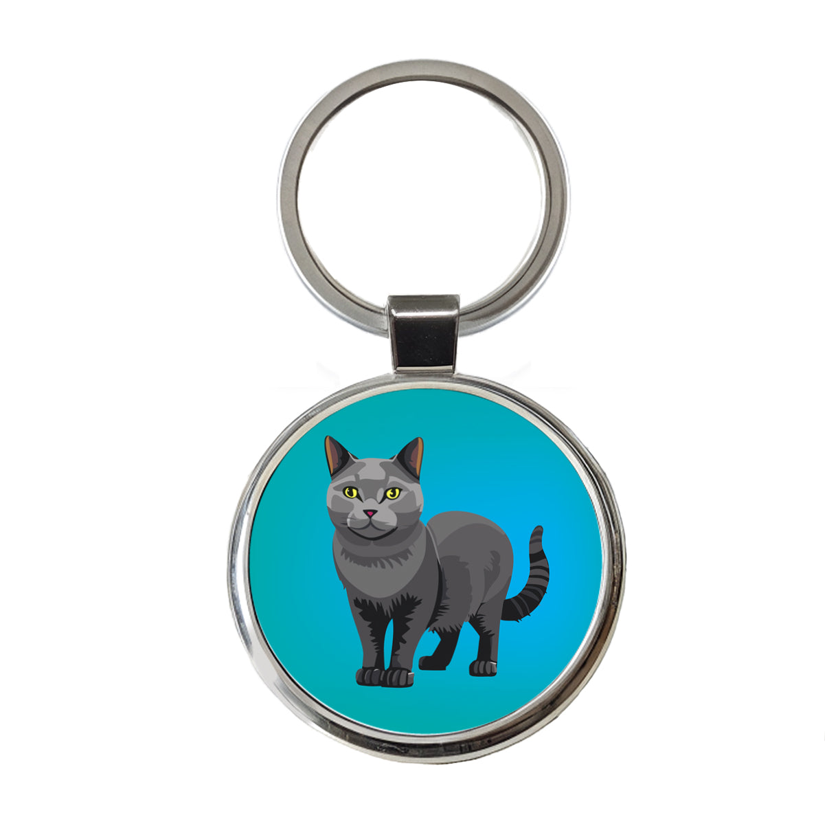 Gray Cat Standing Round Metal Keychain