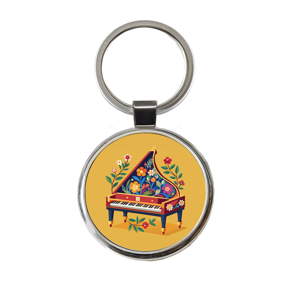 Harpsichord Music Floral Motif Round Metal Keychain