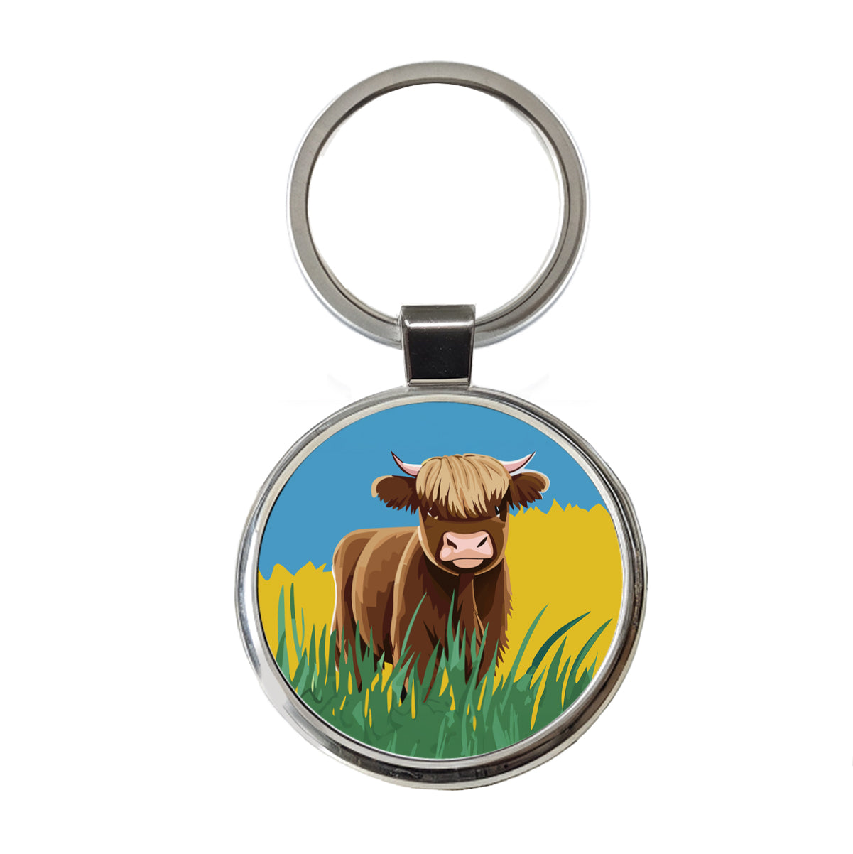 Highland Cow Scruffy Round Metal Keychain