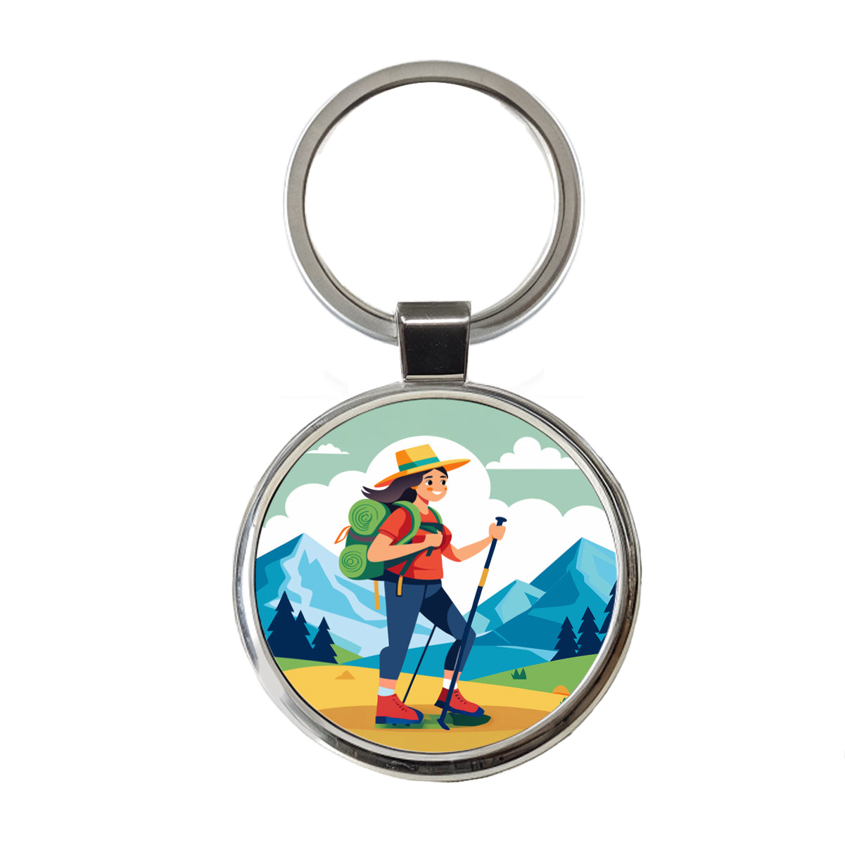 Hiker Hiking Backpacking Woman Round Metal Keychain