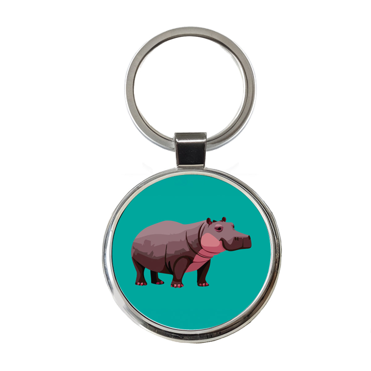 Hippopotamus Standing Round Metal Keychain
