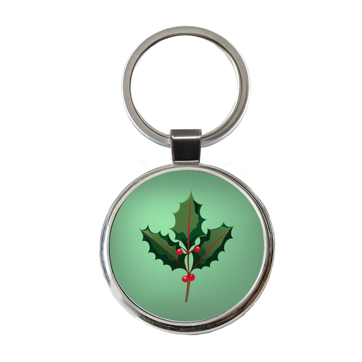 Holly Christmas Greenery Round Metal Keychain