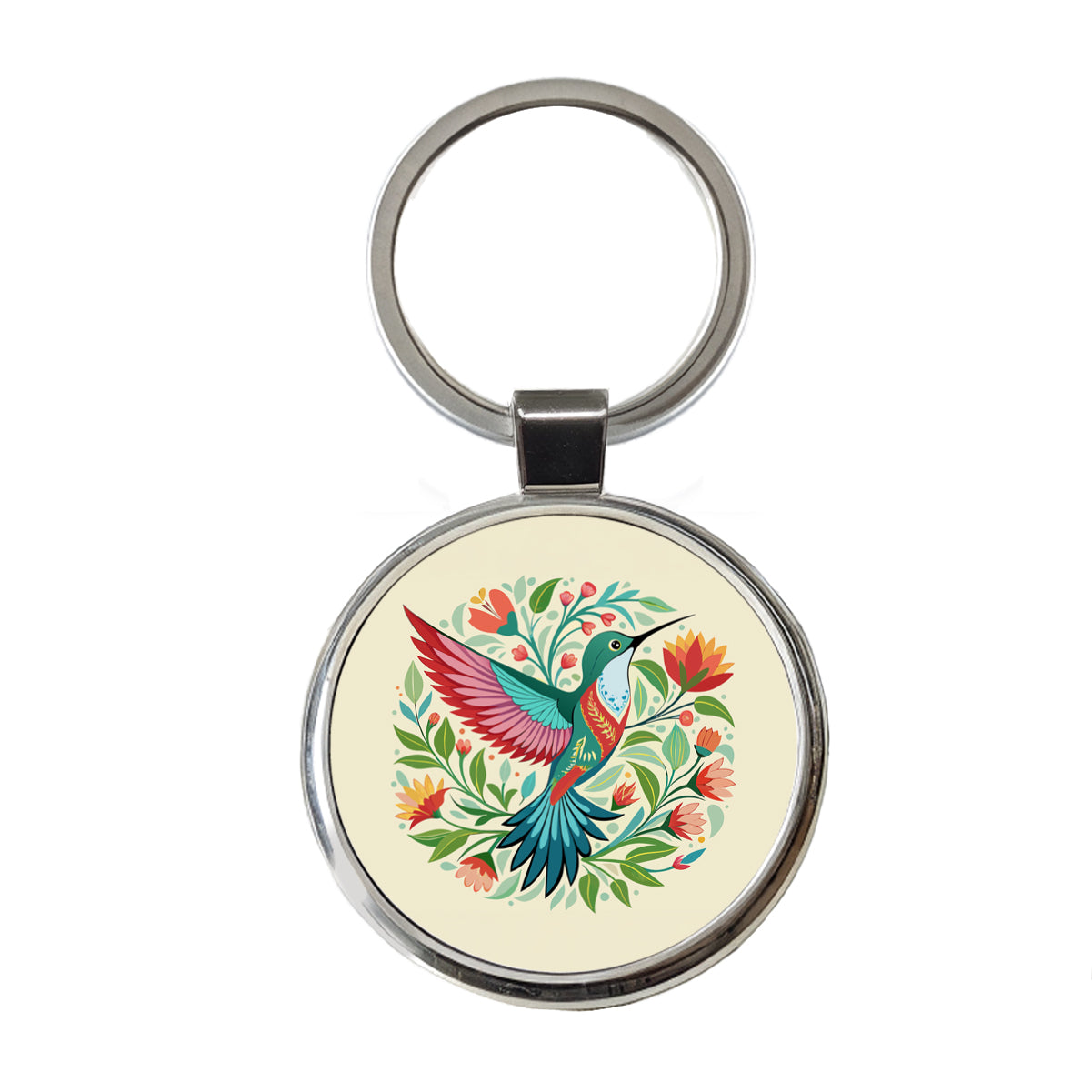 Hummingbird Floral Flowers Round Metal Keychain
