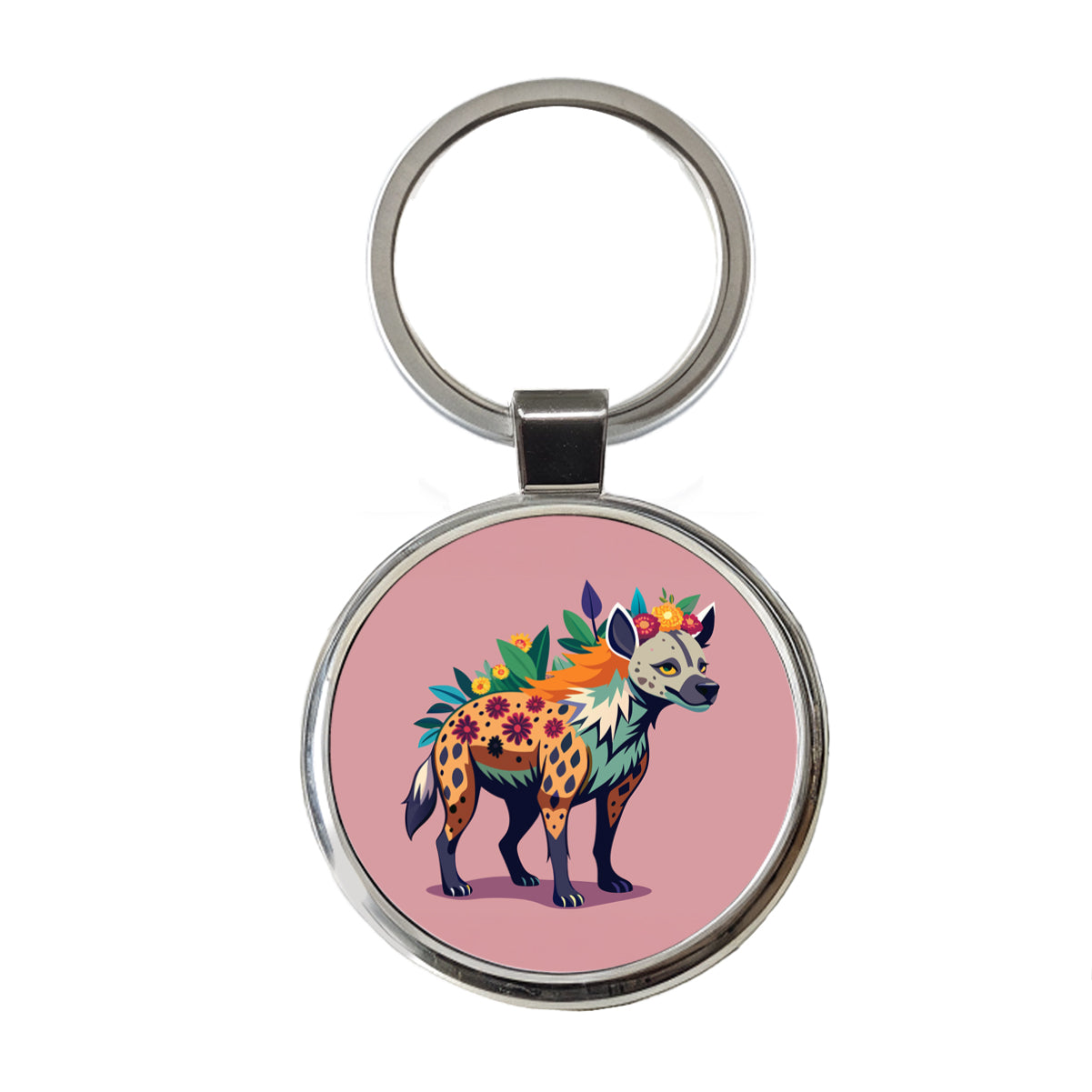 Hyena Floral Flowers Round Metal Keychain