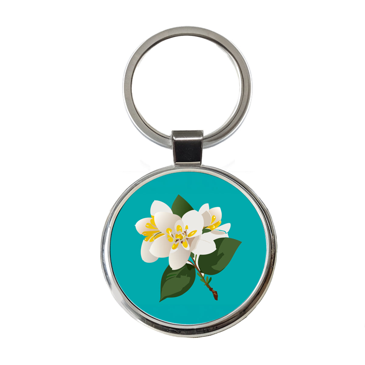Jasmine White Flowers Round Metal Keychain