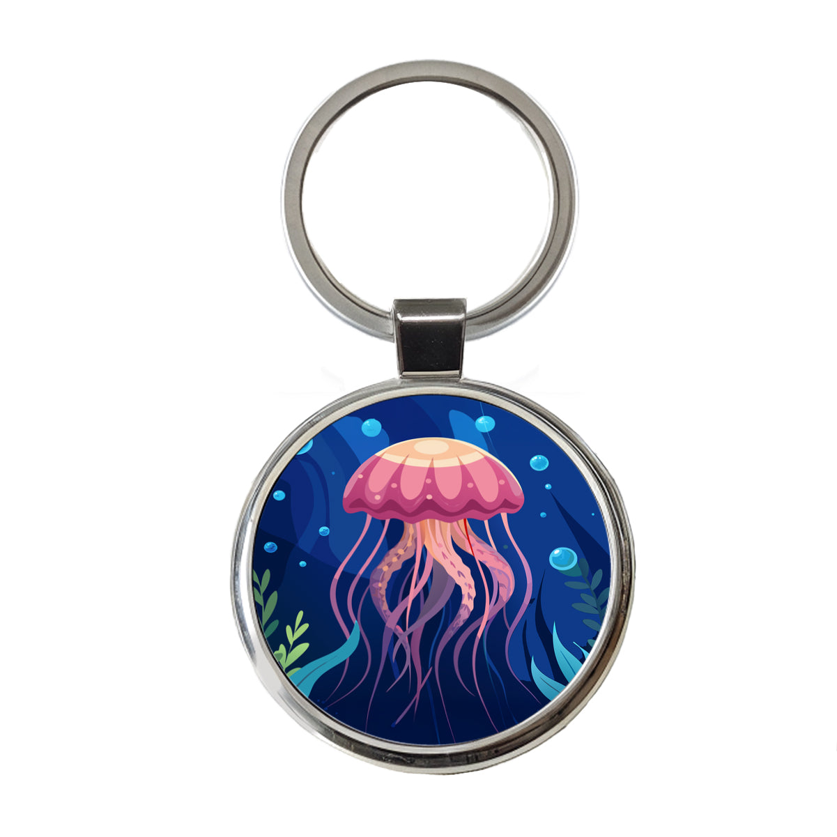 Jelly Fish in Ocean Round Metal Keychain