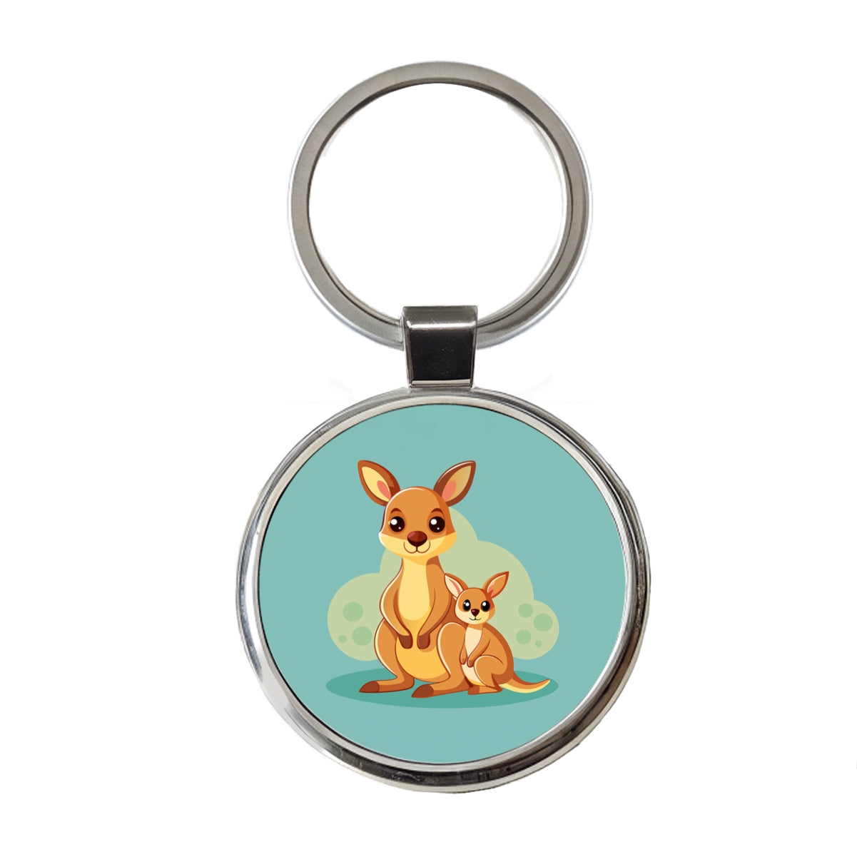 Kangaroo Mom and Baby Round Metal Keychain
