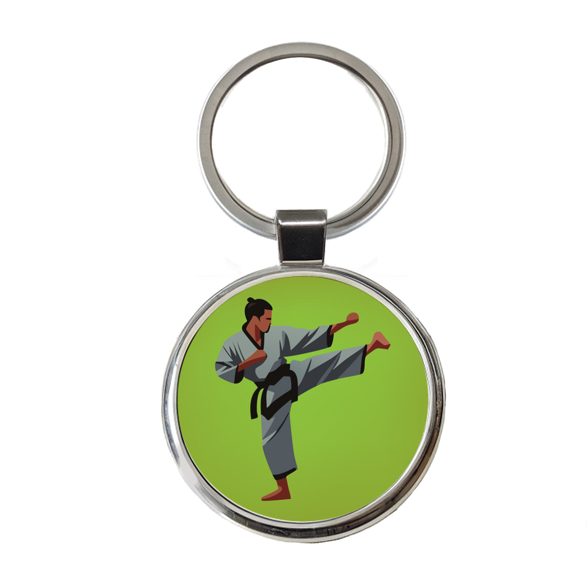 Karate Man Kick Round Metal Keychain